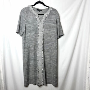 MING WANG Gray White Knit Fringed V-Neck Dress L